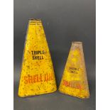 Two graduated Shell Lubricating Oil conical cans.