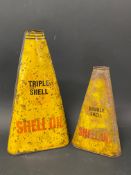 Two graduated Shell Lubricating Oil conical cans.