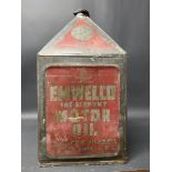 An Emwelco Motor Oil by Wellsaline five gallon pyramid can.