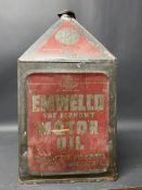 An Emwelco Motor Oil by Wellsaline five gallon pyramid can.