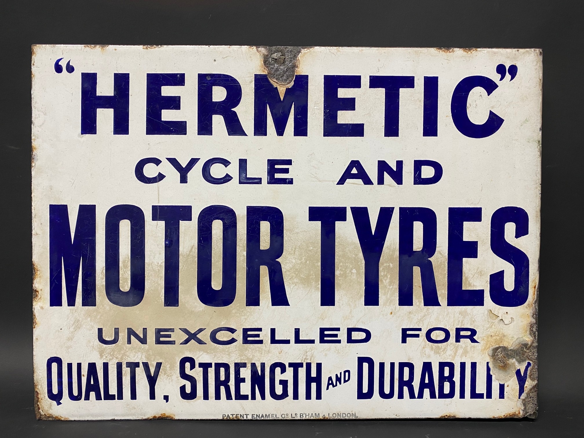 A double sided enamel sign with hanging flange by Patent advertising 'Hermetic' Cycle and Motor - Image 4 of 6