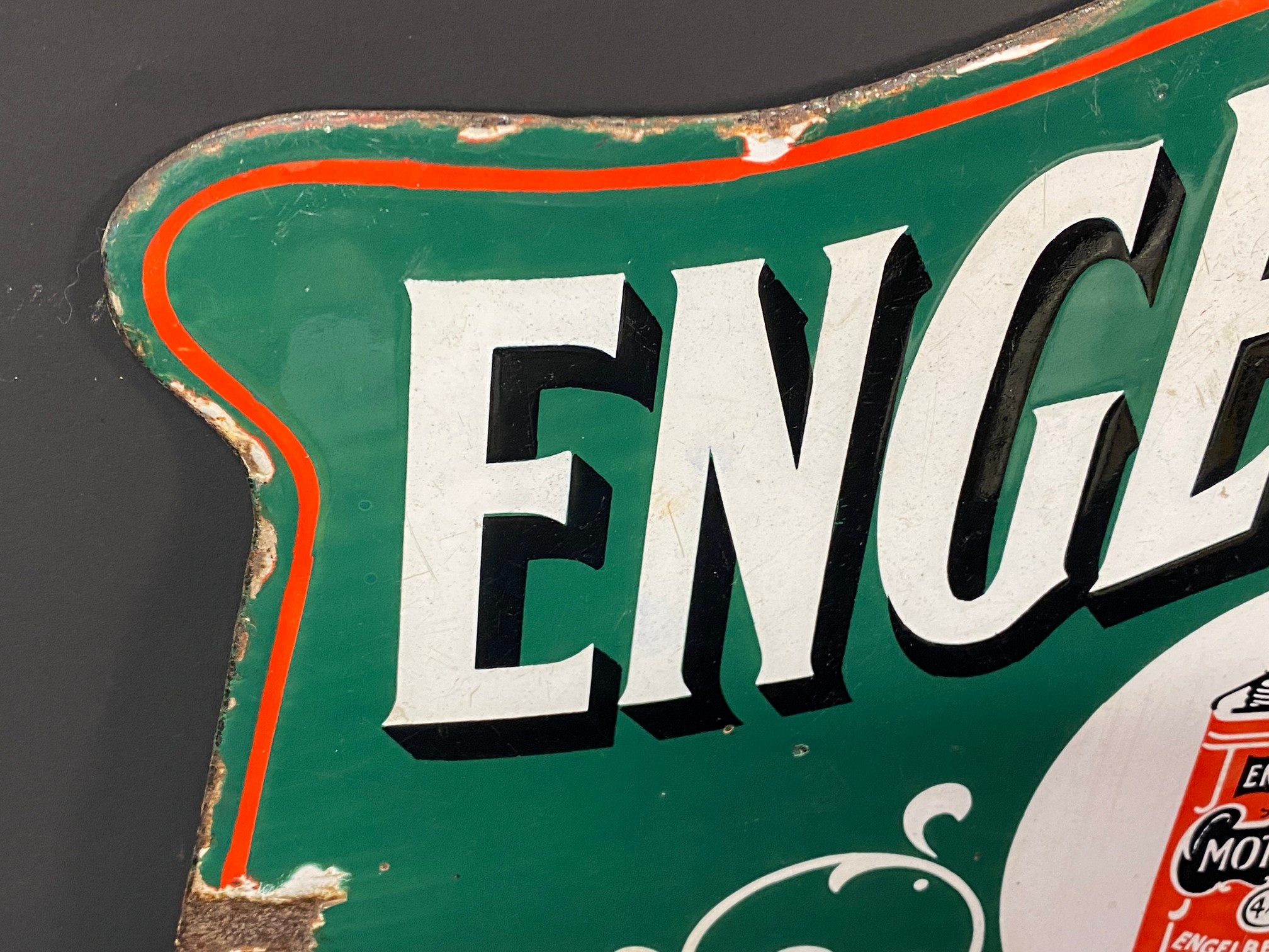 A very rare Engelbert's 'The' Motor Oils shaped double sided enamel sign with an image of a can to - Image 2 of 13