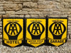 A set of three AA signs, comprising the rarely seen Motorcycle Specialist, the Garage and the Hotel,