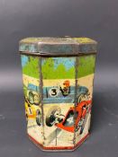 An octagonal motoring game tin, with a design depicting racing cars to the side.