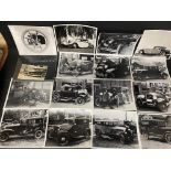 A selection of photographs, mostly of crash-damaged pre-war American cars, and mostly stamped to