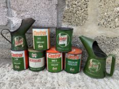 Six Castrol grease tins, and two Castrol oil measures.