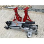 A hydraulic jack and two axle stands.