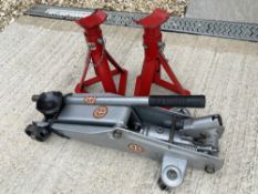 A hydraulic jack and two axle stands.