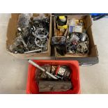 Three boxes of mostly bicycle related spares including a Brooks saddle, lights etc. also some