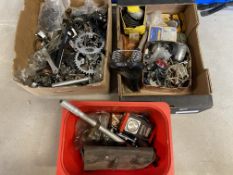 Three boxes of mostly bicycle related spares including a Brooks saddle, lights etc. also some