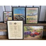 A framed and glazed Riley Nine lubrication chart, two framed reproduction Castrol prints and two