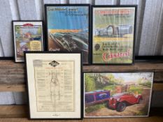 A framed and glazed Riley Nine lubrication chart, two framed reproduction Castrol prints and two