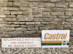 A Castrol tin advertising sign, 27 x 18" plus a garage forecourt warning sign about naked lights