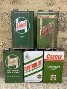 Five Castrol gallon cans including Wakefield and an unusual two-stroke example.