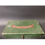 A wooden lidded box bearing the brand name of Ransomes, containing a selection of metal and