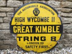 An AA circular yellow and black enamel village sign for Great Kimble, Tring 8 miles, 30" diameter
