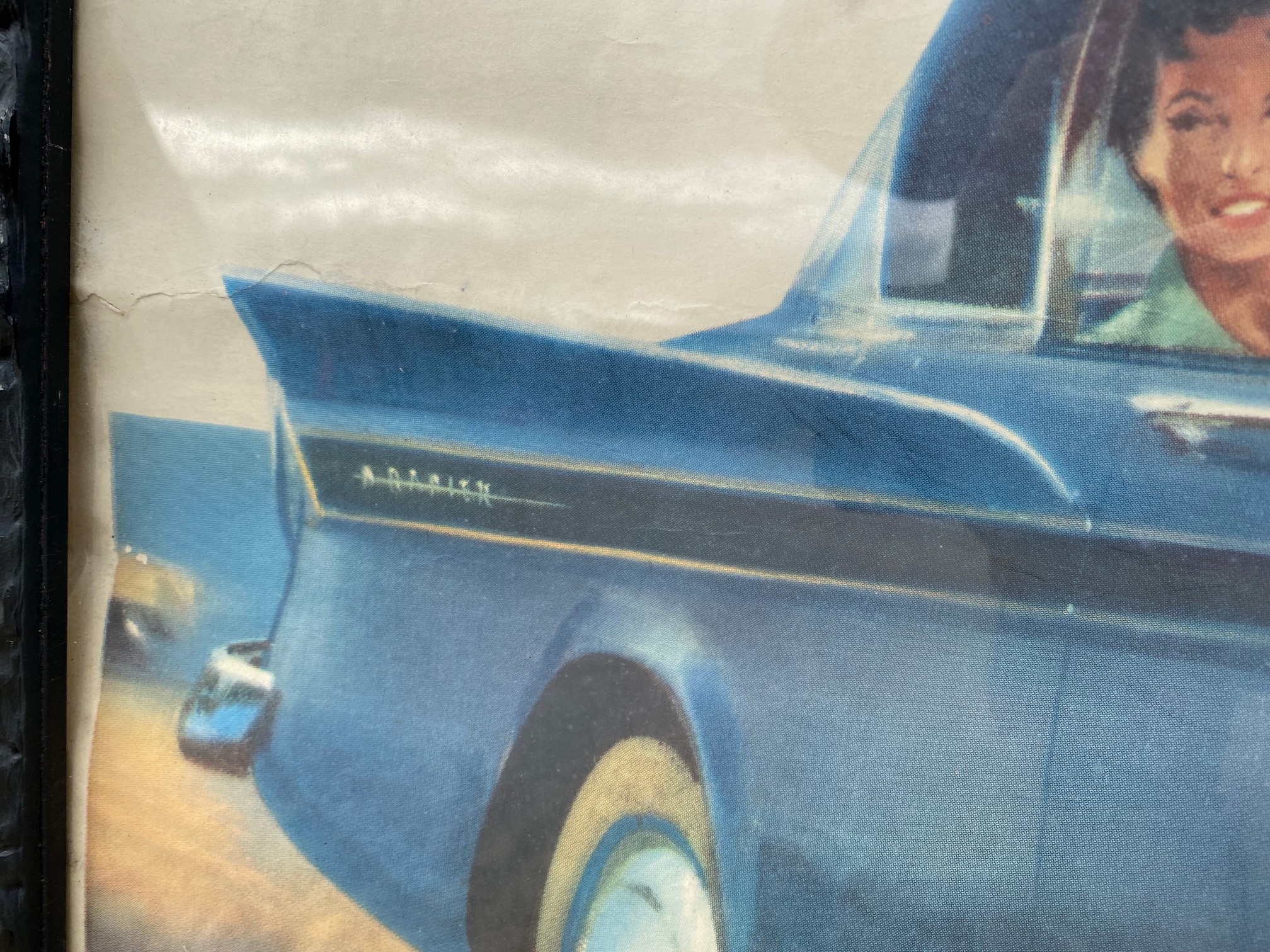 A large original advertising poster for the 'New Sunbeam Rapier' in an unusual carved wooden frame. - Image 6 of 7