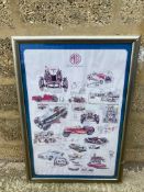 A framed and glazed poster advertising 'MG - Fifty Years of Sports Cars' and one other print.
