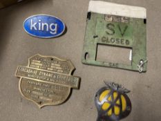 A Lancashire Dynamo & Crypto Ltd of Manchester & Willesden brass plaque, an AA badge etc.