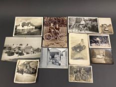 A small selection of period black and white photographs including cycling, motorcycles, crash