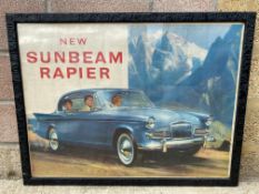 A large original advertising poster for the 'New Sunbeam Rapier' in an unusual carved wooden frame.