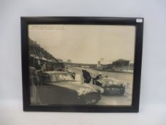 A framed and glazed black and white photograph of a Bristol Aceca and an AC Ace, 1956 Silverstone
