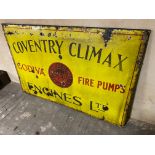 A Coventry Climax Engines Ltd 'Godiva Fire Pumps' enamel sign, mounted on a board, 72 x 48".