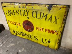 A Coventry Climax Engines Ltd 'Godiva Fire Pumps' enamel sign, mounted on a board, 72 x 48".
