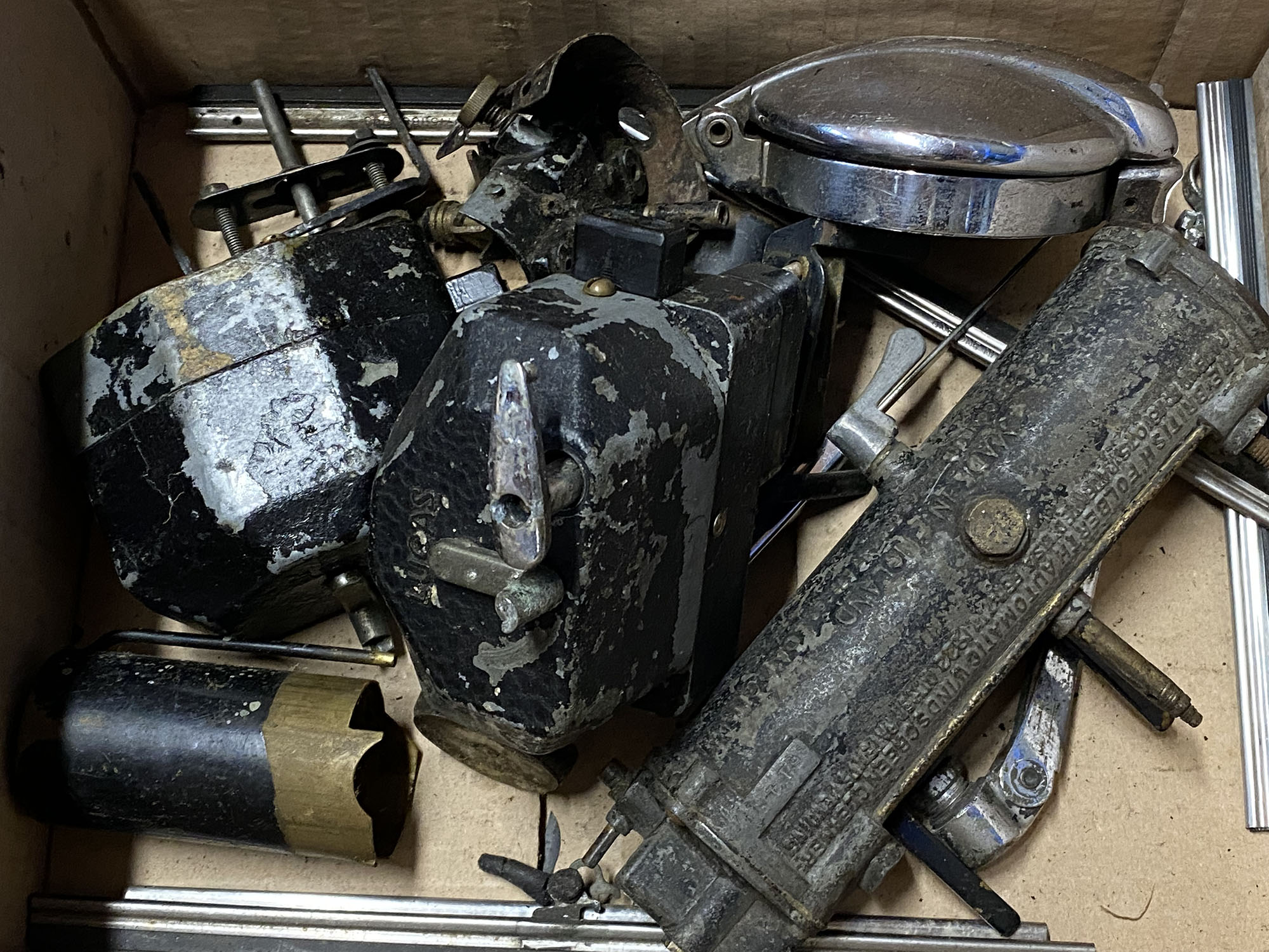 A box of assorted pre-war car parts including wiper motors, quick release fuel filler cap, - Image 2 of 2