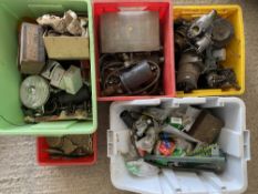 An autojumbler's lot of various parts, including carburettor, pistons etc. plus a small box of