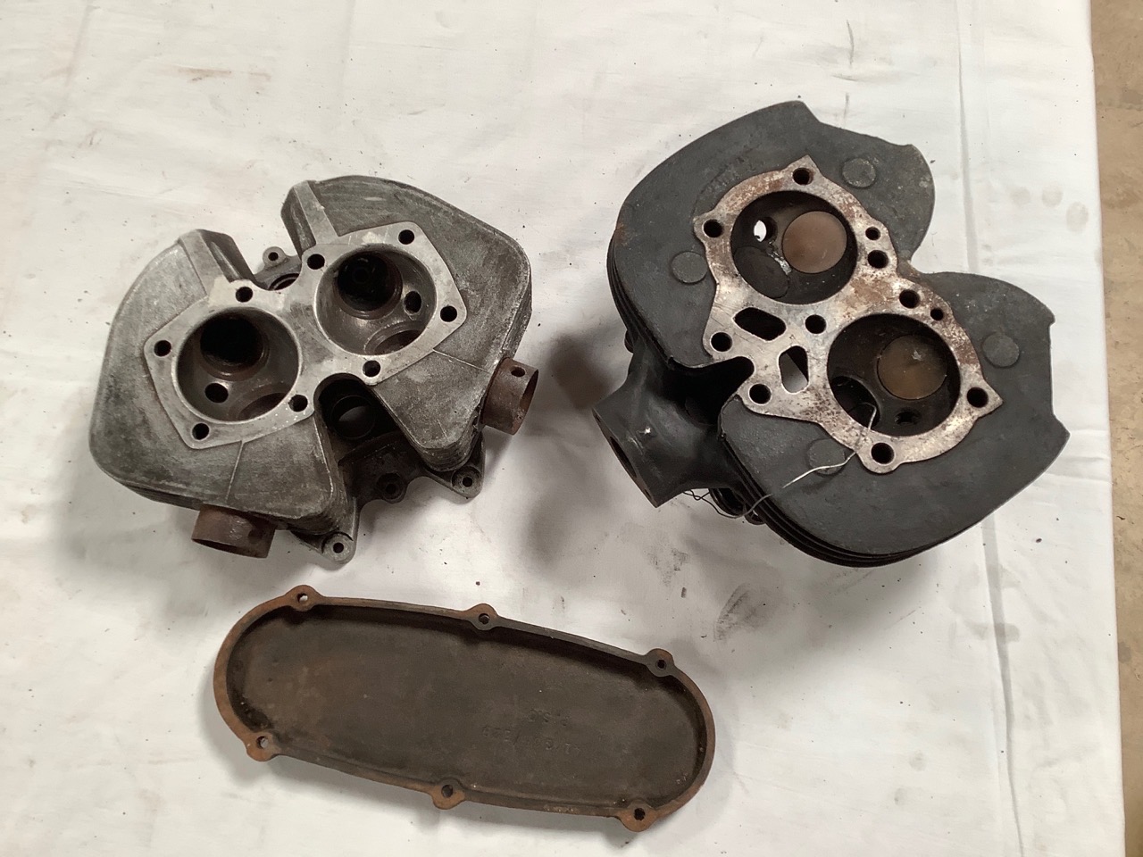 Two cylinder heads and a Matchless timing cover. - Image 2 of 2