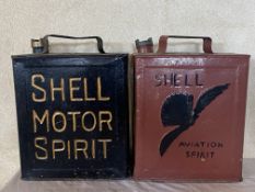 A Shell Aviation Spirit two gallon petrol can and a Shell Motor Spirit two gallon can.