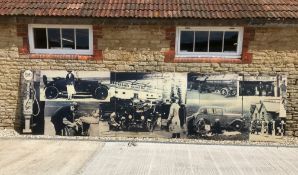 A six section black and white frieze/backdrop showing period vehicles and garage scenes