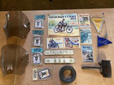 A selection of collectables including Campion Brothers sew on motorcycle badges, pennants, etc.