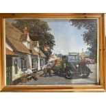 A framed and glazed jigsaw puzzle of a 1950s rural scene, 30 1/2 x 22 1/2".