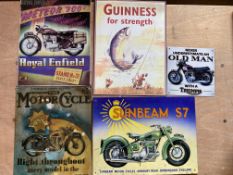 Five reproduction contemporary tin advertising signs.