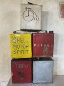 Five two gallon petrol cans including Shell Motor Spirit and a WD can dated 1942.