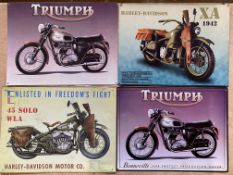 Four reproduction contemporary tin advertising signs, two for Triumph and two for Harley Davidson.