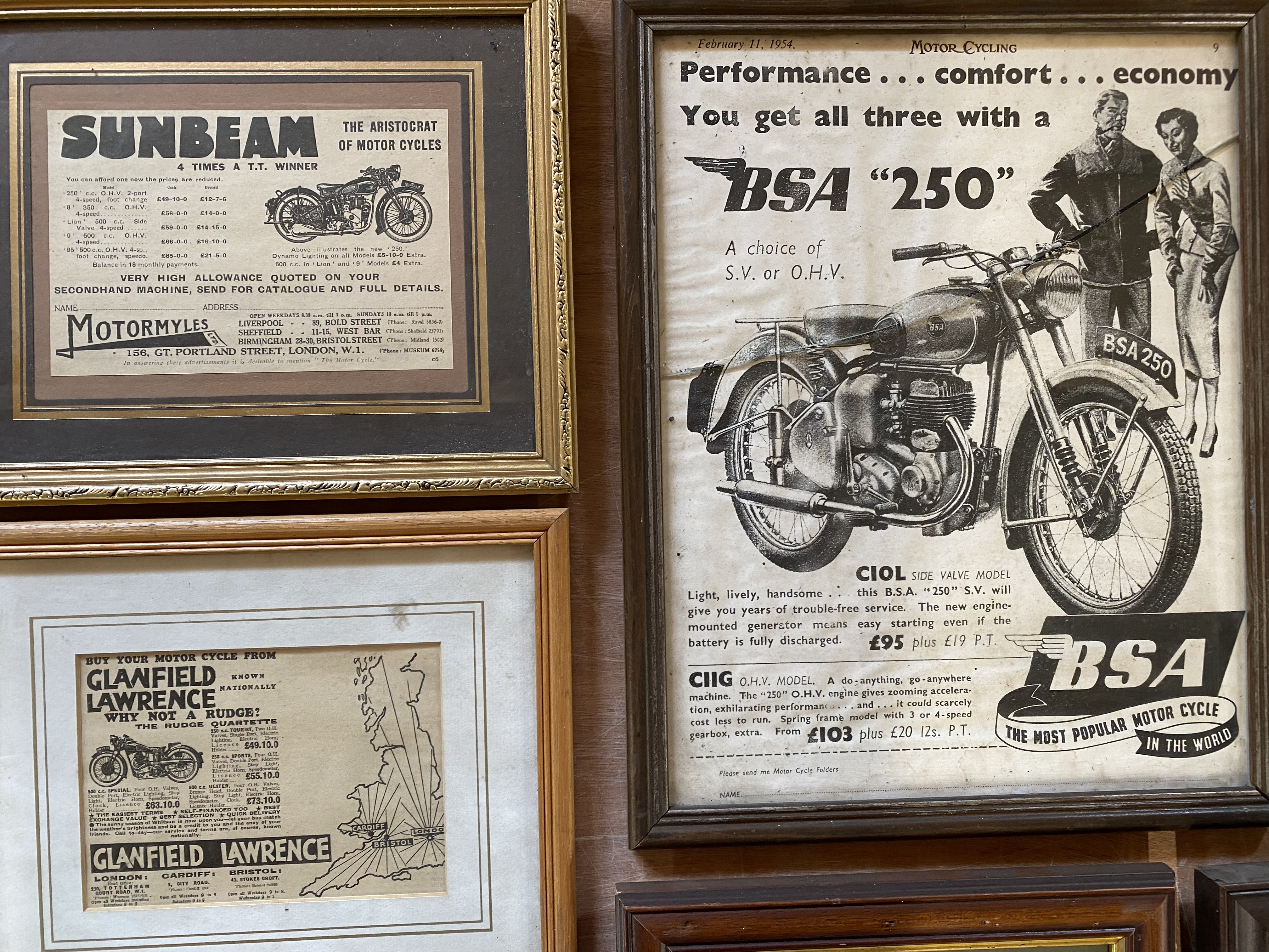 A selection of framed and glazed motorcycle magazine extract advertisements. - Image 3 of 5