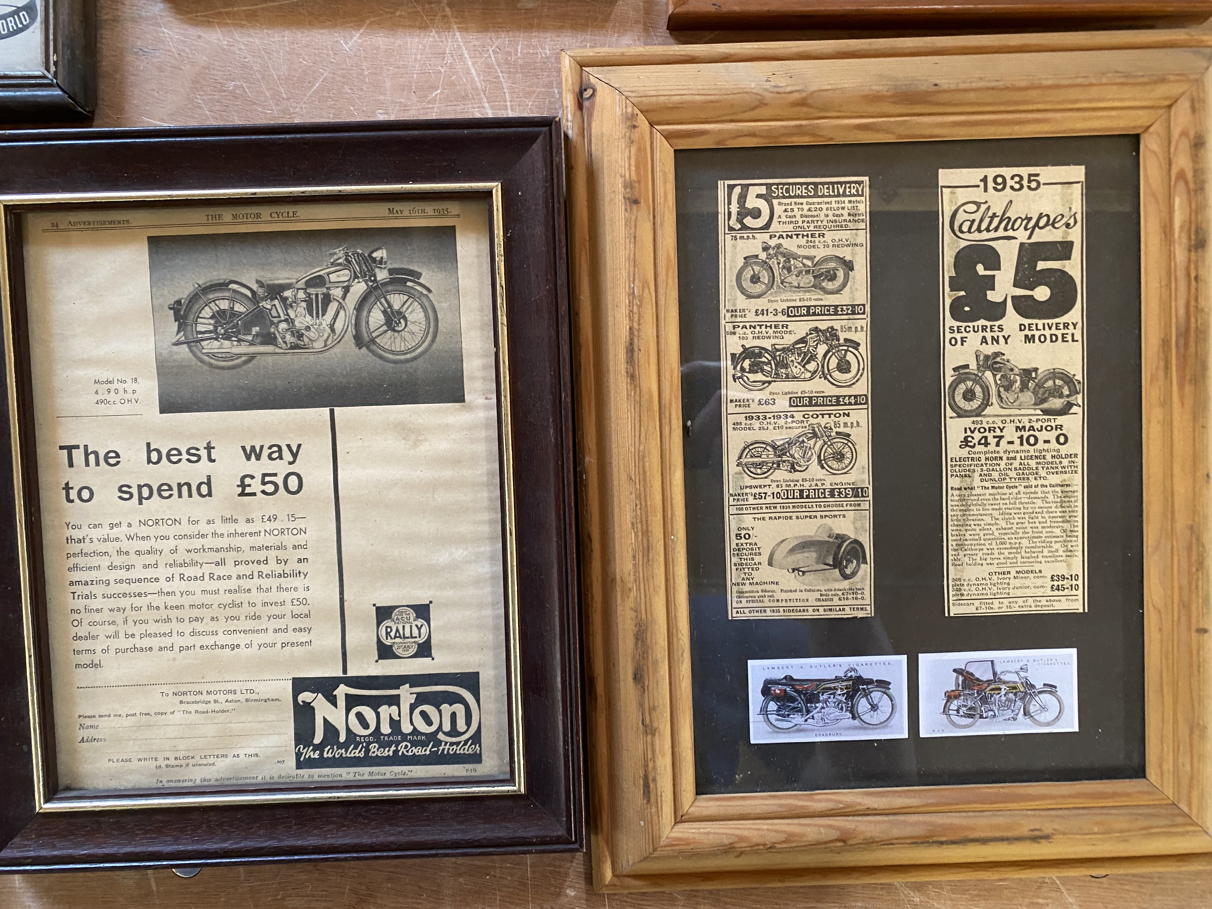 A selection of framed and glazed motorcycle magazine extract advertisements. - Image 5 of 5