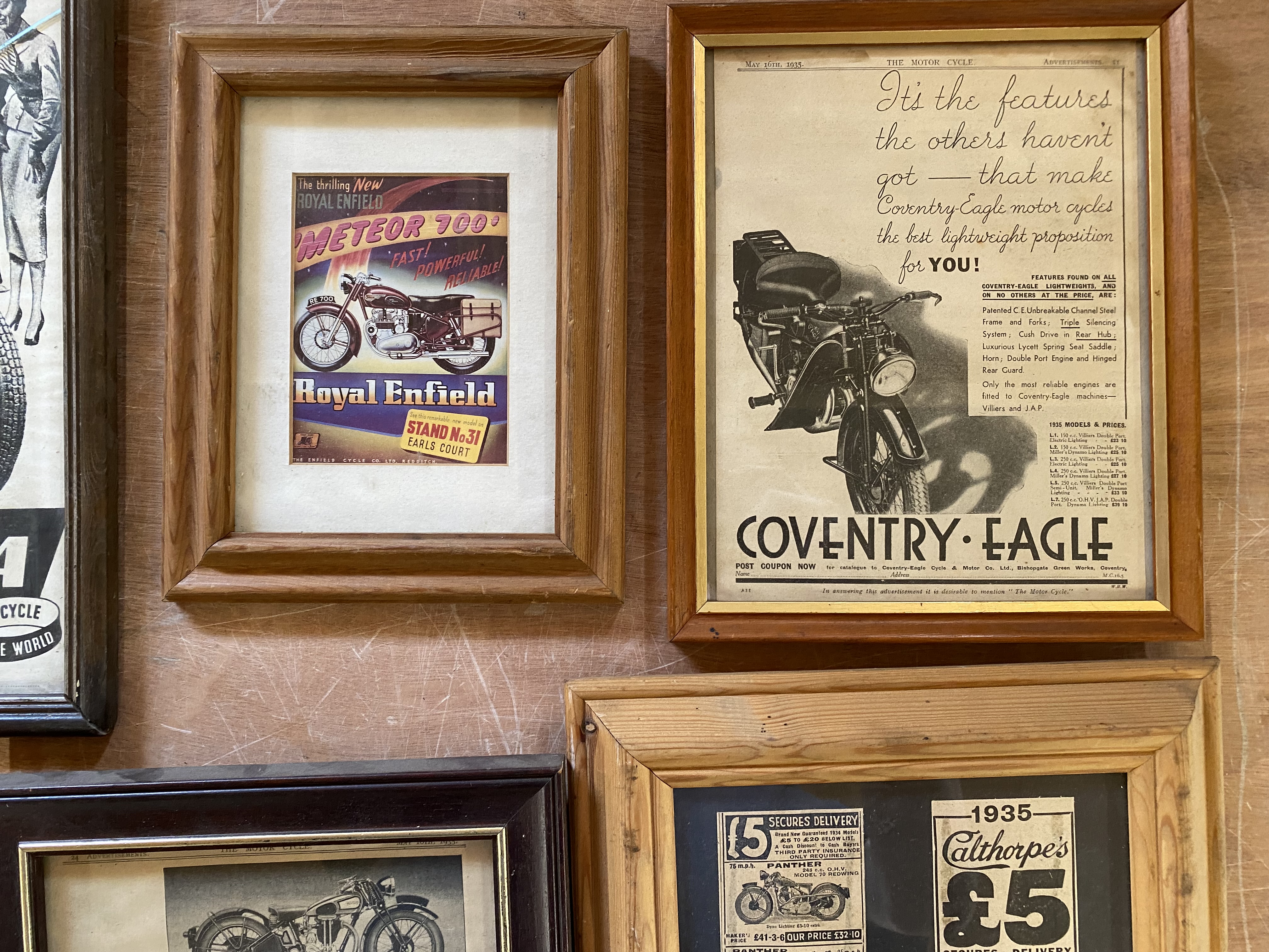 A selection of framed and glazed motorcycle magazine extract advertisements. - Image 4 of 5