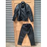 An Akito leather jacket and a pair of JTS leather trousers.