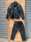 An Akito leather jacket and a pair of JTS leather trousers.