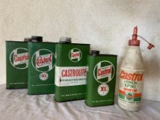 Three Castrol quart oil cans, a pint version and a plastic Castrol container.