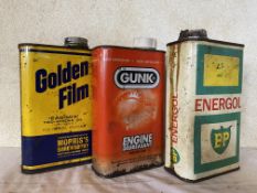 Three rectangular quart oil cans for Morris' Golden Film, BP Energol and Gunk.