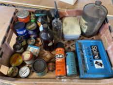 A tray of assorted oil cans etc. including two unopened Esso pint tins.