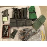 A box of tool rolls, brake shoe riveter plus various engineer's items etc.