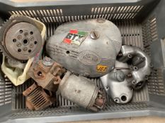 A box of motorcycle parts including Honda Monkey bike head and barrel, Villiers engine casings etc