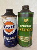 A BP Special Energol cylindrical quart can and another for Gulf.
