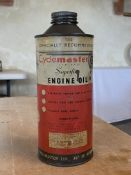 A Cyclemaster Limited Superfine Engine Oil cylindrical quart can.